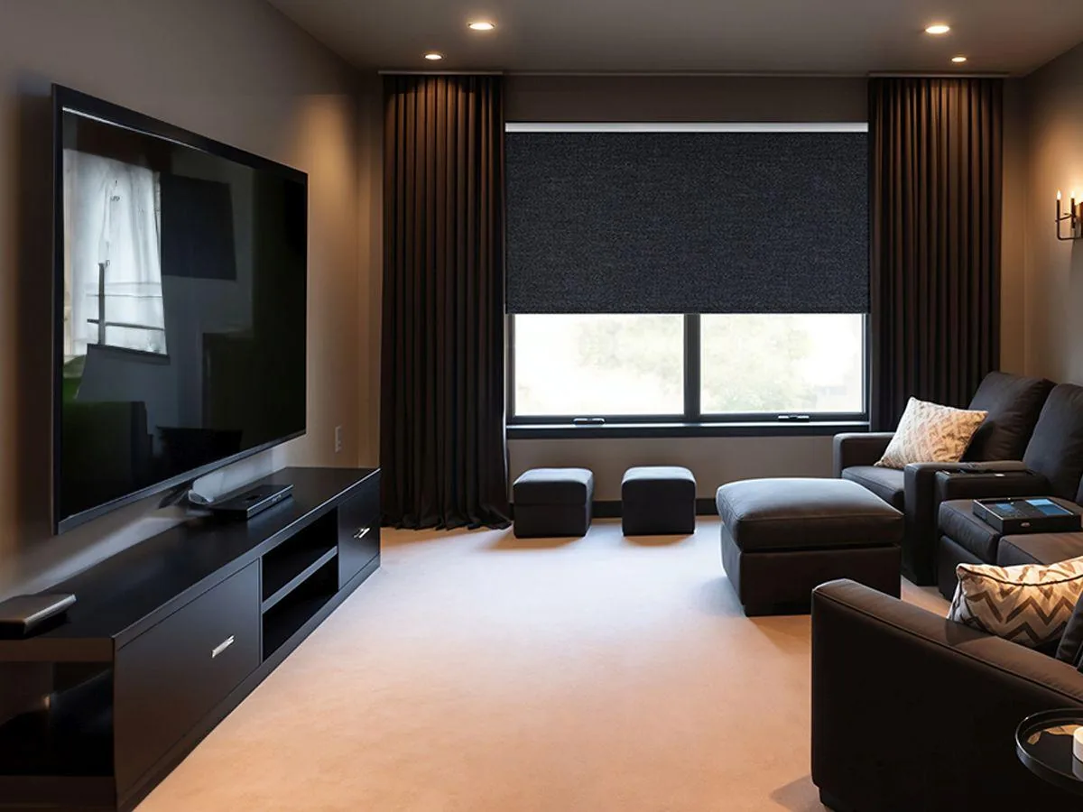 Estor opaco oscuro y cortinas laterales en una sala de cine en casa