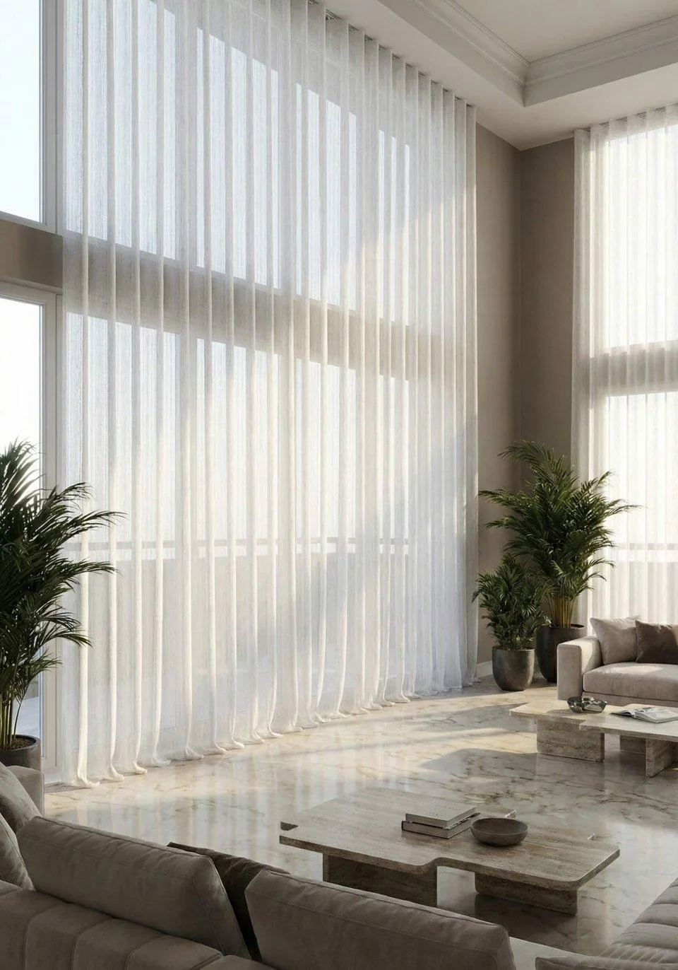 Cortinas ligeras en ventanales de doble altura de un salón luminoso
