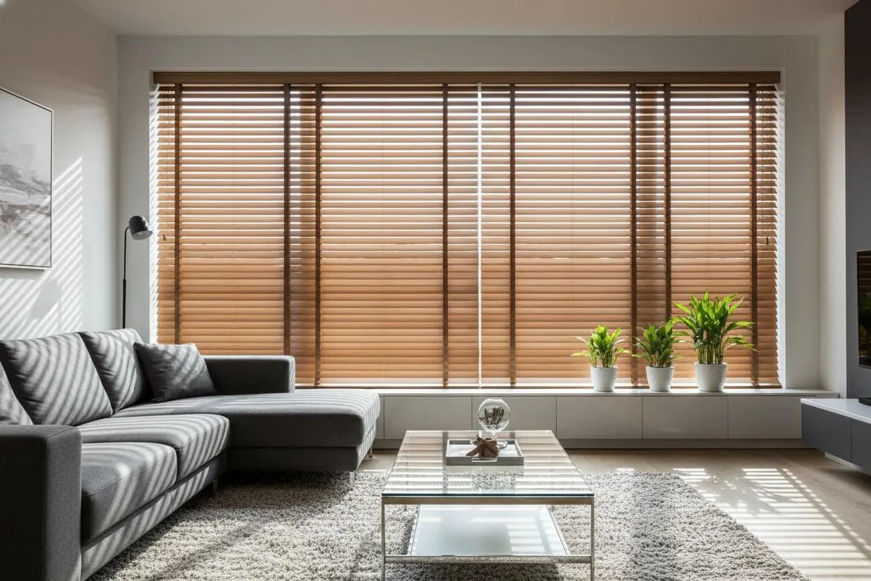 Persianas horizontales de madera en el ventanal de un salón moderno